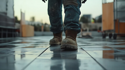 Fototapeta premium Construction Worker Walking on Tiled Floor