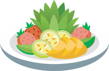 A vibrant vector art illustration featuring a colorful Pineapple Passion Platter fruit salad, bursting with fresh tropical fruits and lively, detailed textures