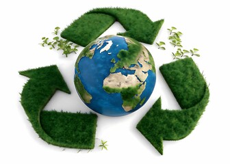 Green recycling symbol encircling Earth, promoting sustainability and environmental conservation