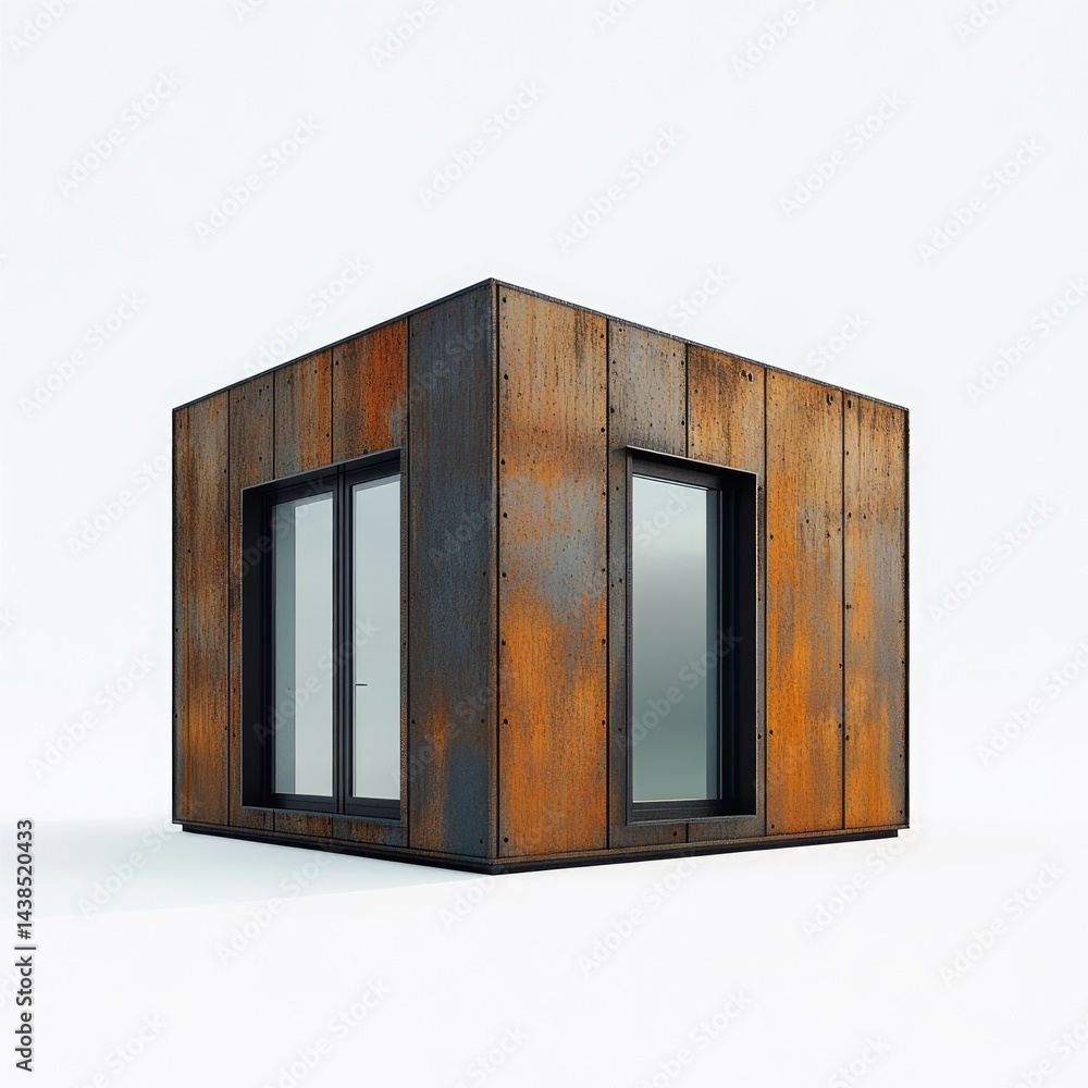 Aufkleber rusty metal cube with large windows against a white backdrop showcasing modern architecture