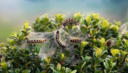caterpillar infestation causing damage to boxwood shrubs in garden