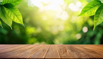 wooden table and blurred green leaf nature in garden background