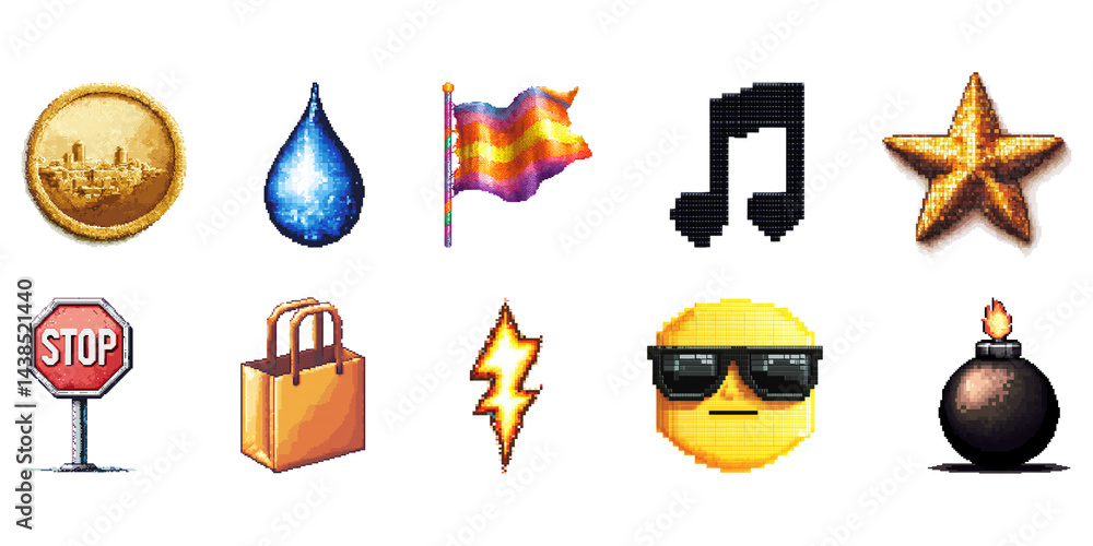 Poster diverse icon set in pixel art style. symbolic and expressive pixelated collection. isolated on trans