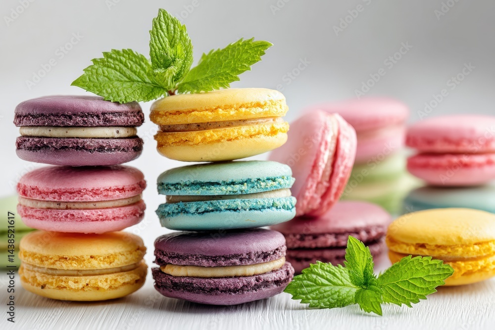 Aufkleber stack of colorful macarons arranged elegantly on a white surface with fresh mint leaves for a deligh