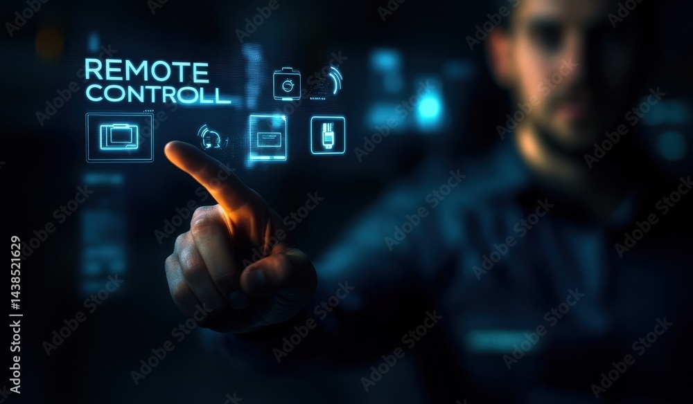 Poster modern remote control interface. a hand interacts with a digital overlay of home automation control 