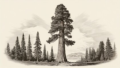 sequoia in engraving style sequoia is the tallest tree on earth vintage botanical illustration on a light isolated background hand drawn illustration