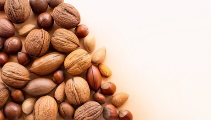 background of nuts pecan macadamia walnut almonds hazelnuts and other with copy space isolated one edge top view or flat lay