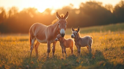 Naklejka premium A young donkey playing with its siblings in a meadow at sunrise