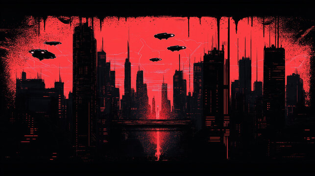 Futuristic cityscape with red contrast and flying vehicles in a dystopian setting
