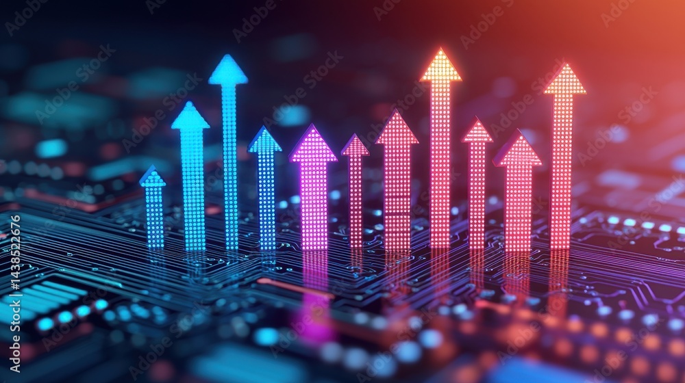 Aufkleber digital arrows rise from a glowing circuit board, symbolizing technological growth and progress in a