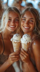 Two smiling women enjoy ice cream cones on beach