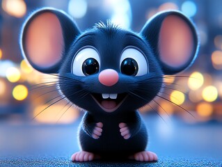 Adorable, cartoon mouse with big eyes and happy expression, against a blurred city lights background