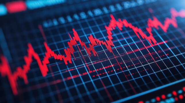 A fluctuating red line graph on a digital screen represents financial data or collection market trends.