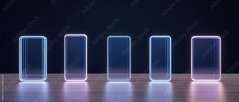 Poster five glowing transparent rectangles stand upright on a reflective surface against a dark background,