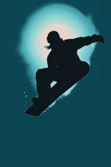Fototapeta premium Silhouette Snowboarder Mid-Jump in Cool-Toned Vector Graphic Style