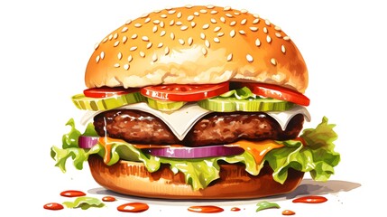 Detailed Hand Drawn Illustration of a Burger with Meat, Cheese, Tomato, and Salad