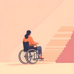 Fototapeta premium Woman in wheelchair facing stairs in a minimalistic setting contemplating accessibility