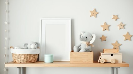Nursery shelf decor with stuffed animals, wooden toys, and a blank frame