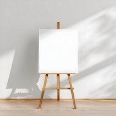Blank canvas on wooden easel illuminated by natural light in a minimalist art studio space