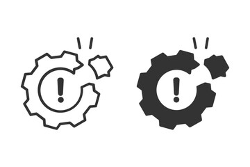 Broken gear with an exclamation mark icon set.  symbolizing malfunction, error, or failure. suitable for various applications