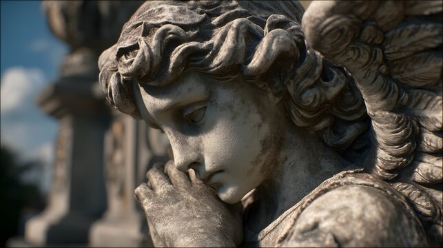 Detailaufnahme eines betenden Engeldenkmals auf sonnigem Friedhof
