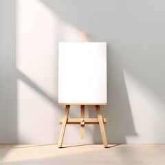 Blank canvas stands on wooden easel in well-lit room, ready for artist to create masterpiece during sunny afternoon