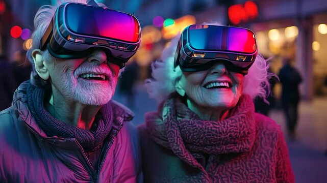 Senior Couple Experiencing VR Headset In Night City
