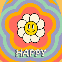 Retro cartoon flower with smiling face and the word happy on vibrant colorful psychedelic background