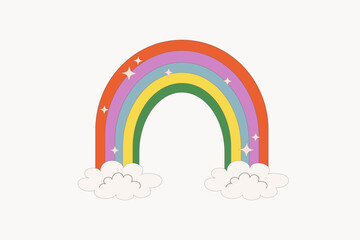 Bright cartoon rainbow with colorful stripes, clouds and sparkles on white background for kids design