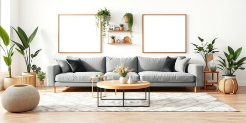 Modern living room interior design with gray sofa, wooden coffee table, and potted plants