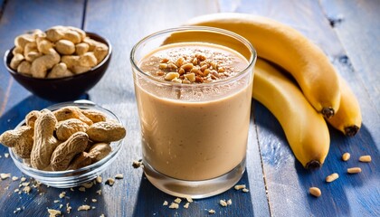 smooth creamy peanut butter and banana plant protein smoothie in a glass with crushed peanuts for a healthy post workout recovery option