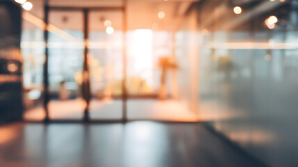 Blurry office interior with open door modern workspace soft lighting professional environment