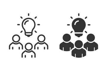 Group of people brainstorming together, with a light bulb shining above them symbolizing a bright idea. Concept for teamwork, innovation, and problem-solving	