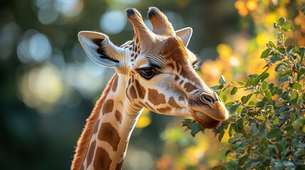 Obraz premium A giraffe grazing on acacia leaves under the golden sun of a safari