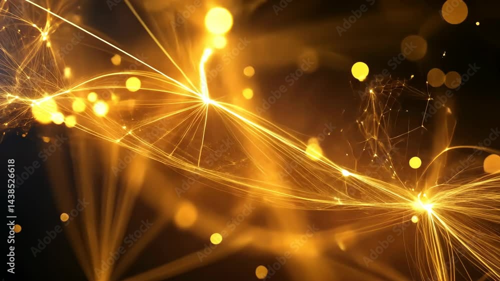 Poster golden abstract light trails transform into dynamic waves with glowing particles