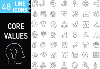 Core Values Line Icons Set – Leadership, Innovation, Growth, Teamwork, Ethics, Strategy, and Success Concepts. Editable Stroke Vector