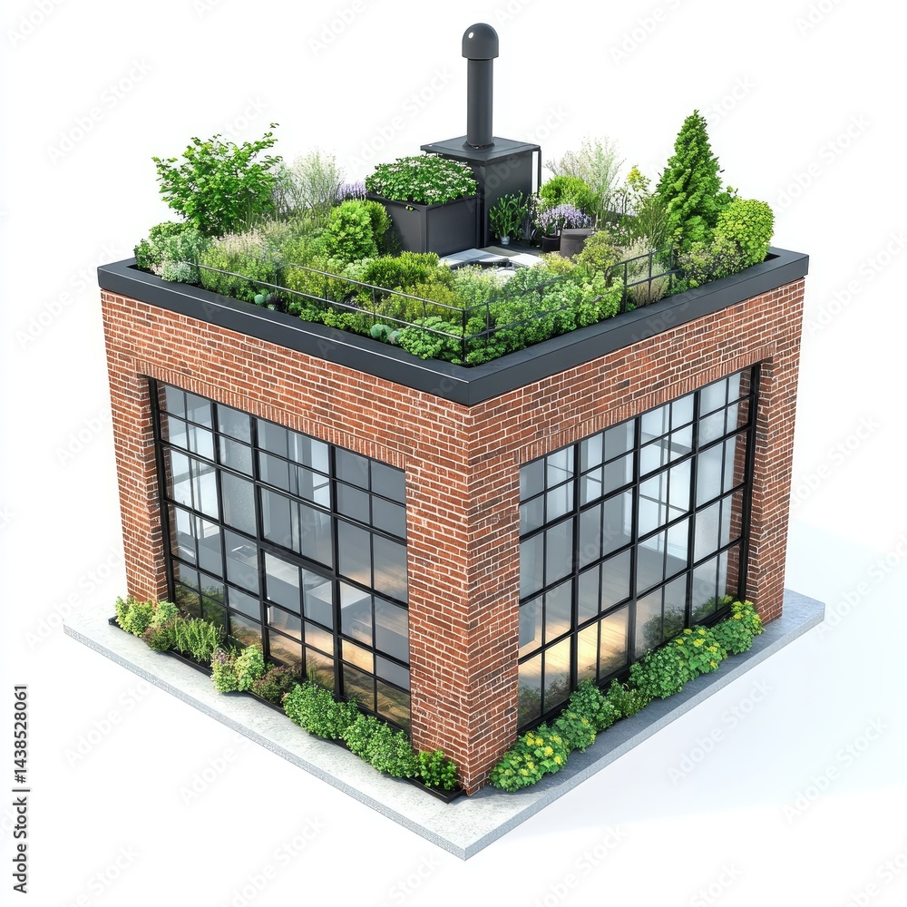 Poster isometric view of a modern structure with a rooftop garden and brick facade. features include large 