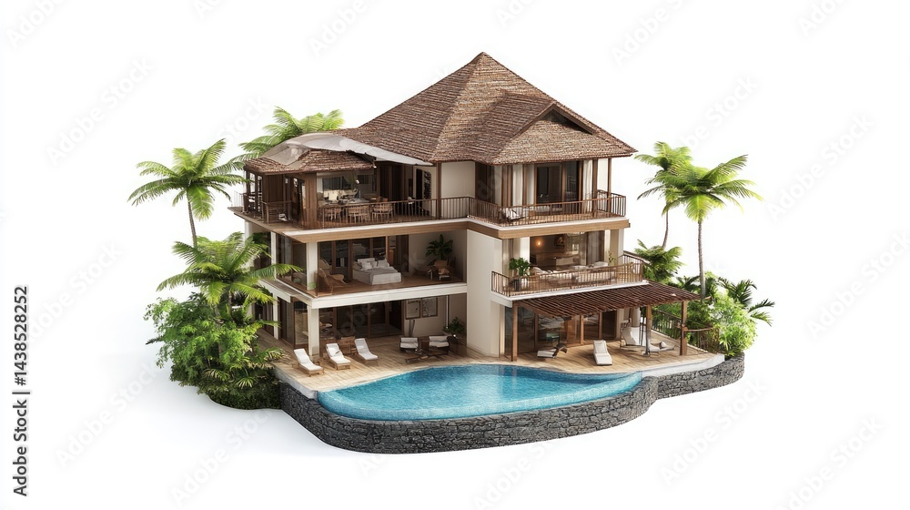 Poster generic property with pool and palm trees against a white background. features include wooden archit