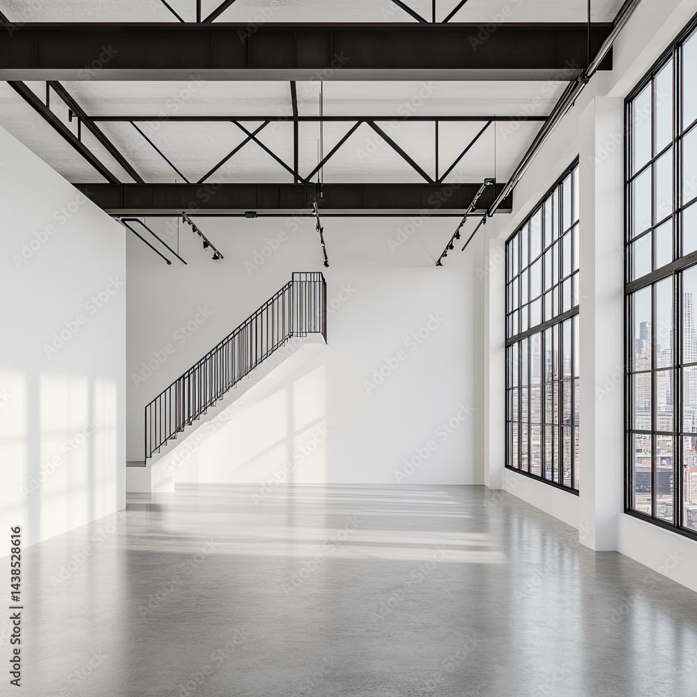 Aufkleber minimalist empty loft interior with large windows and staircase