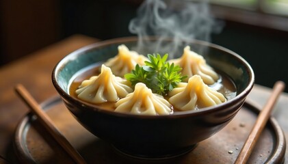 Steaming bowl of dumplings, chopsticks, ginger, garnish, chopsticks, blank space