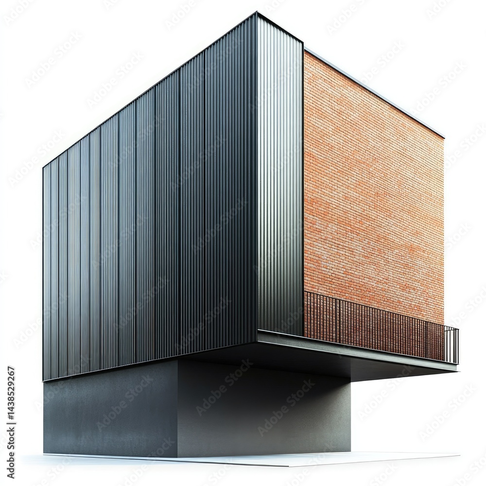 Poster modern architectural design showcasing a structure with brick and metallic elements against a white 