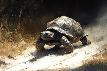 A wise old tortoise slowly making its way across a dusty path, its shell worn and textured
