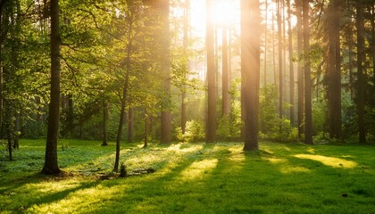 Fototapeta premium sunlit forest scene green grass and trees create shadows and light in outdoor park atmosphere