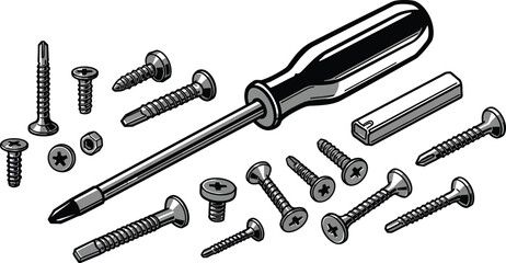 Black and White Screwdriver and Screws Vector Graphic