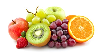 Assortment of Various Types of Fresh Organic Fruits on Red Background