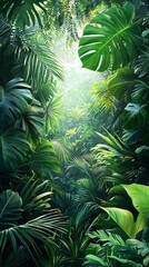 Lush Tropical Jungle Path, Sunlight Streaming Through Foliage, Tranquil Nature Scene, Ideal for Travel Brochures