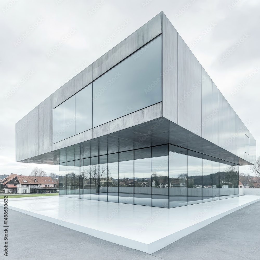 Poster modern architectural structure featuring expansive glass windows and a minimalist design set against