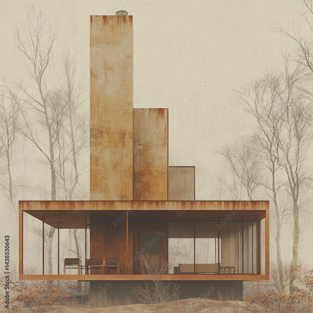 Aufkleber architectural rendering of a modern house with a rusty facade and large glass windows. the surroundi