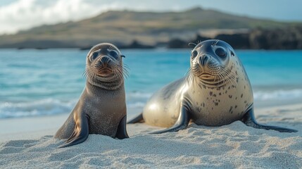 Fototapeta premium A baby seal playing on a sandy beach with its mother nearby