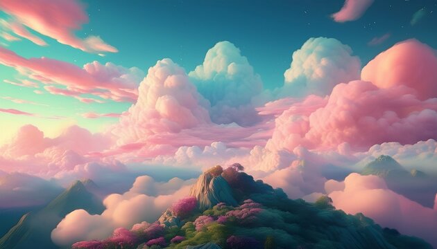 beautiful fantasy pastel clouds againt with top of hill as paradise background
